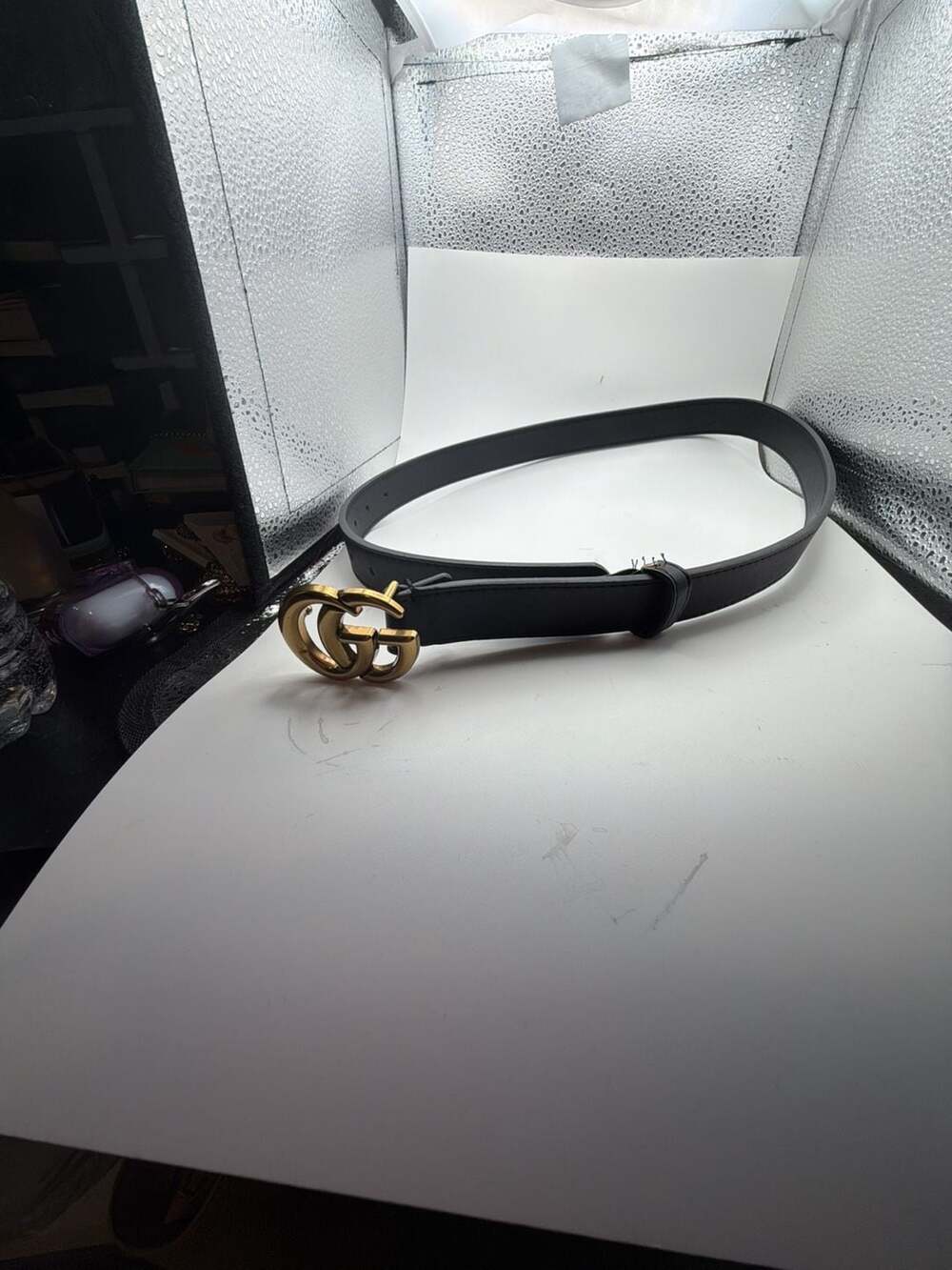 Gucci GG Marmont Black Leather Belt with Gold-Tone Buckle